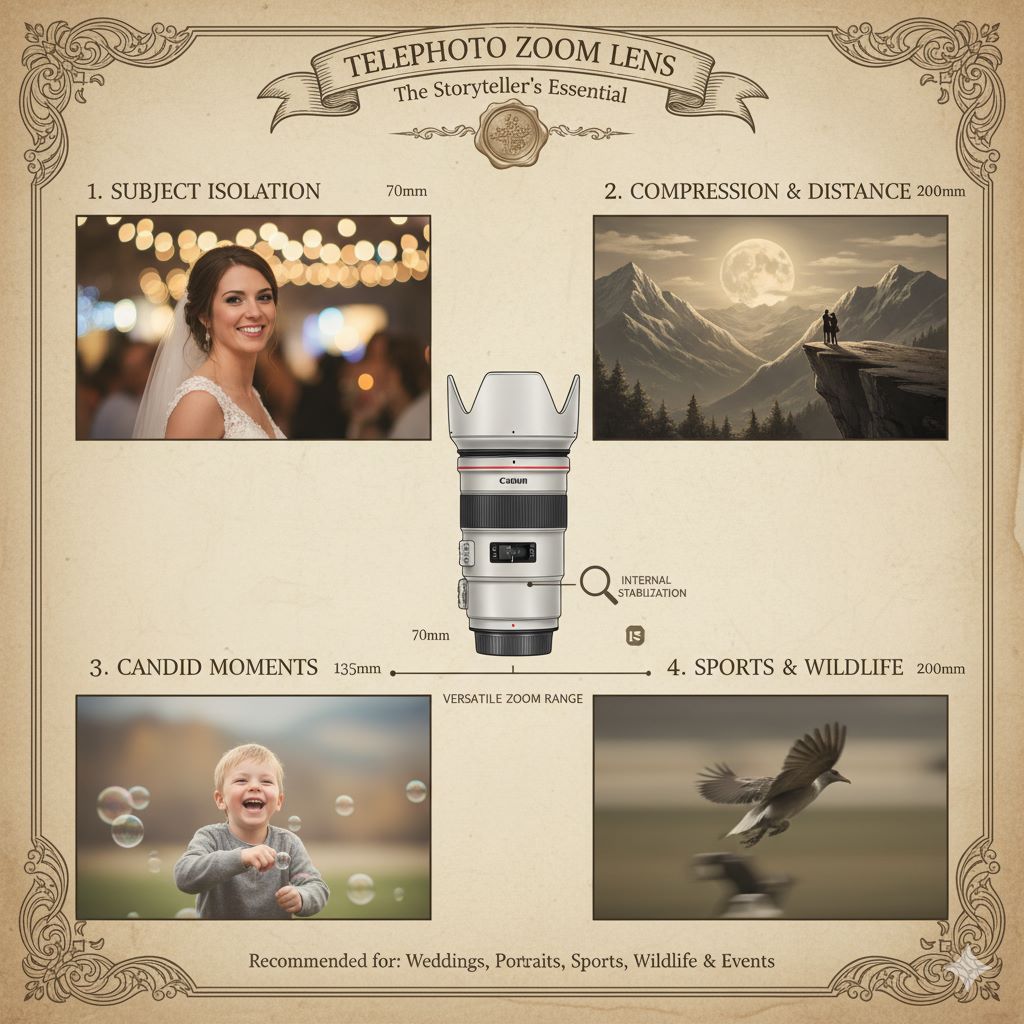 یک لنز تله‌فوتو زوم (انتخاب پیشنهادی: ۷۰–۲۰۰ میلی‌متر)